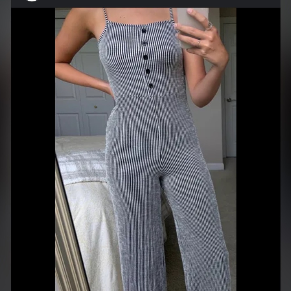 Caution to the Wind striped jumpsuit.